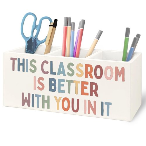URLLUAE Boho Classroom Wooden Pen Pencil Holder for Desk Accessories, Back to School Supplies for Students College Boys Girls Teachers First Day of School, This Classroom Is Better with You in It