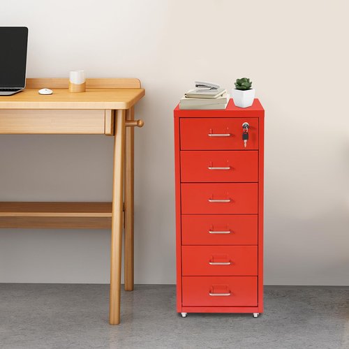 HZOPUTLH 6 Drawer Vertical File Cabinet with Lock, Freestanding Filing Metal Drawers Organizer with 4 Wheels, Movable Under Desk Cabinet Vertical File Storage for Home Office (Red)