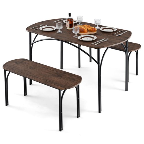 Giantex Dining Table Set for 4, Modern Oval Kitchen Table Set with 2 Benches, Metal Frame, Space Saving Kitchen Table Chairs Set of 4, 3-Piece Dinette Set for Small Space, Breakfast Nook Table Set
