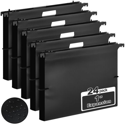 Trandraft 24 Pack 1'' Expansion Plastic Extra Capacity Hanging File Folders Letter Size Accordian Pocket Heavy Duty Filing Cabinet Folders with Insertable Tabs for Office Home Bulky Files, Black