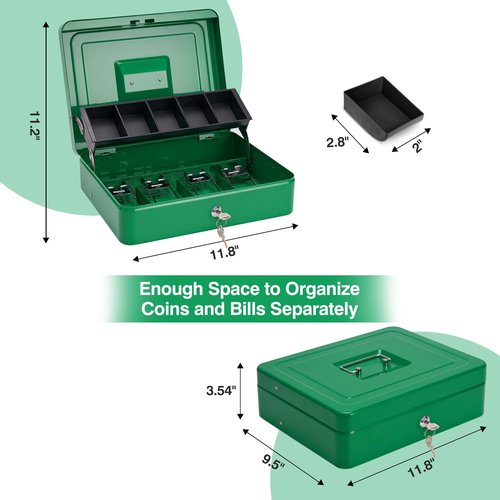 Sgorlds Large Locking Cash Box with Key Lock and Money Tray, Money Box with Cash Tray, Lock Safe Box for Office Business, 11.8" x 9.5" x 3.5" Green