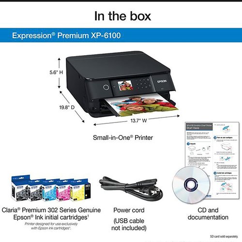 Epson Expression Premium XP-6100 Wireless Color Photo All-in-One Printer - Print, Copy, Scan - 15.8 ppm, 5760 x 1440 dpi, Borderless Photo Duplex Printing, Voice-Activated, Printable CD/DVD