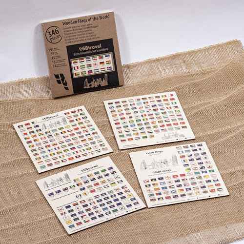 World Flags Wooden Markers (346 Pieces) Adhesive Back Thumb Tacks map Push pins - for Bulletin Board, Wooden map, Office