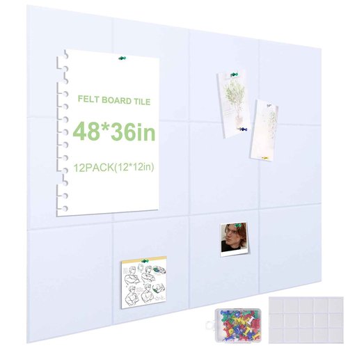 Pektiftn Large Felt Cork Board 47"x35", 12 Pack 11.8"x11.8" Corkboard Wall Tiles, Home Office Felt Bulletin Board for Photos, Notice Pin Board with 60 Push Pins, 60 Safe Removable Adhesive Tabs-White