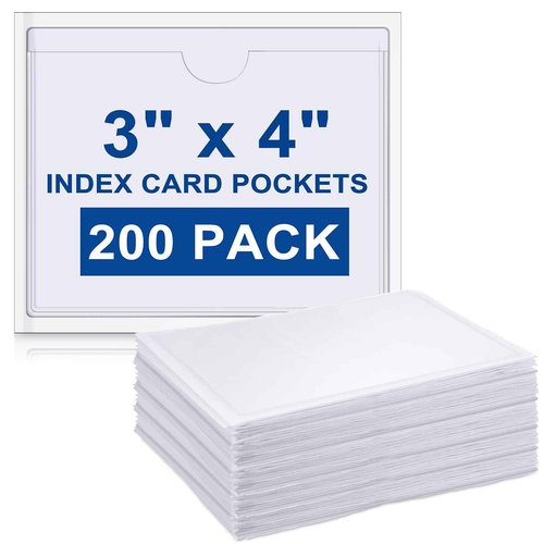 Outus 200 Pack Self Adhesive Label Pockets Bulk Plastic Labels Holders for Storage Bins Clear Classroom Nameplate Sleeves Index Card Tote Photos Waterproof Protect Office(3.5 x 4.4 Inch)