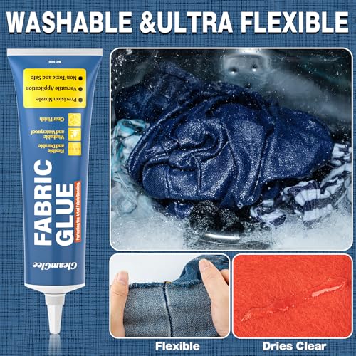 GleamGlee Clear Permanent Fabric Glue 1 Pack - Washable No-Sew Adhesive for Patches, Rhinestones & Clothing Repair