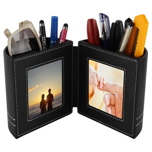 Leather Pencil Cup Pen Holder with Photo Picture Frame, Desk Stationery Organizer with Magnetic Clasp for Home and Office Gift (Black)