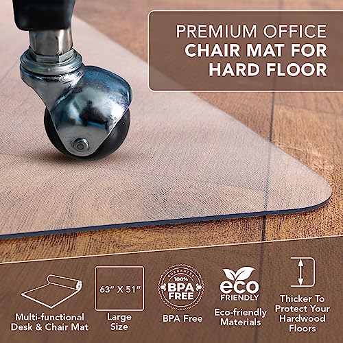 Office Chair Mat for Hardwood Floor: 63"x 51" Extra Large Chair Mats for Hardwood and Tile, Clear Desk Chair Mat for Rolling Chair and Computer Desk, Heavy Duty Plastic Floor Protector for L Desk