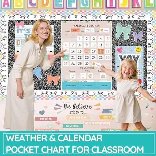 Calendar and Weather Pocket Chart for Classroom, 35¨ö" x 25¨ö" Large Boho Calendar for Kids, Toddler Learning Activities Chart, Homeschool and Teacher Essentials 114 Cards