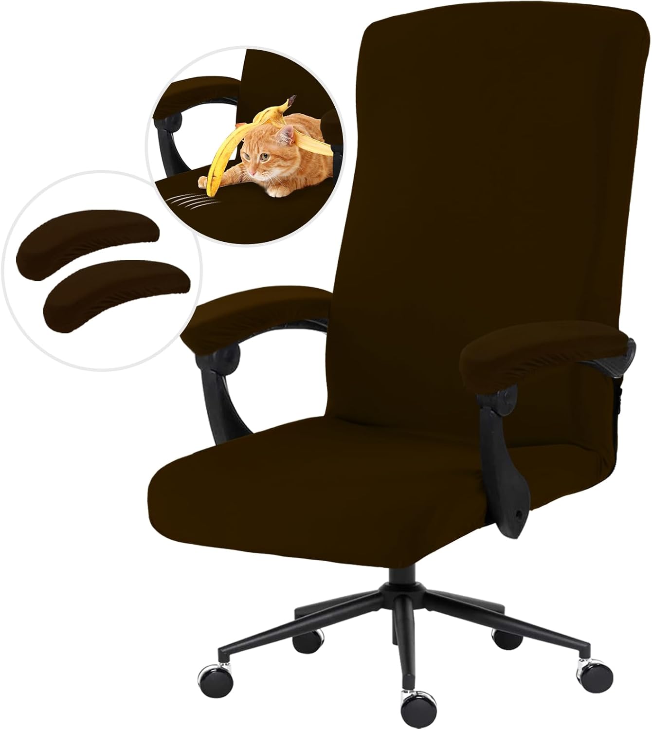 Skiennix Stretch Computer Office Chair Cover - Durable, Washable Spandex Slipcover with Armrest Covers | Brown