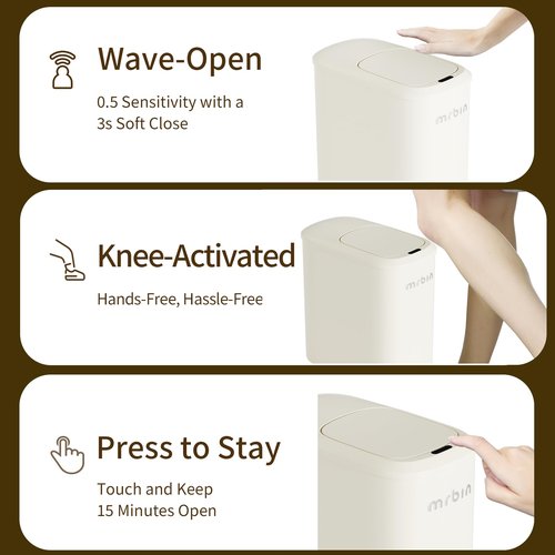 MRBIN Motion Sensor Adsorption Bag Bathroom Metal Trash Can with Lid and Wheels, 10L/2.6gal Automatic Removable Slim Electric Narrow Waste Basket for Near Desk Office, Bedroom, Kitchen, Rv, White