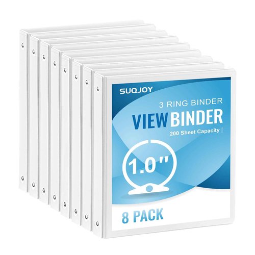 SUQJOY 1-inch 3-Ring Binder, 1 Inch Round Ring Binder with 2 Inside Pockets, 8 Pack White Binders, Clear View Cover, Holds 8.5'' x 11''Paper for Office/Home/Back to School