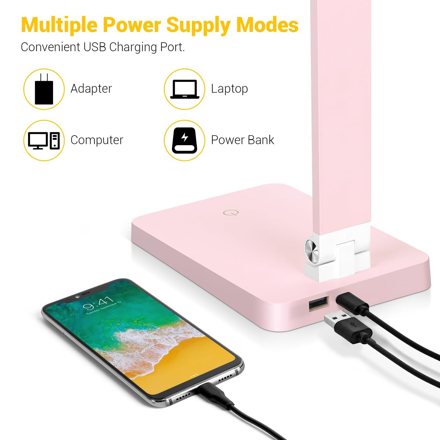 LED Desk Lamp for Home Office, 3 Levels Dimmable Desk Light with USB Charging Port, Reading Lamp for Table Study Work Office Nail Craft Puzzle, Pink, 5000K