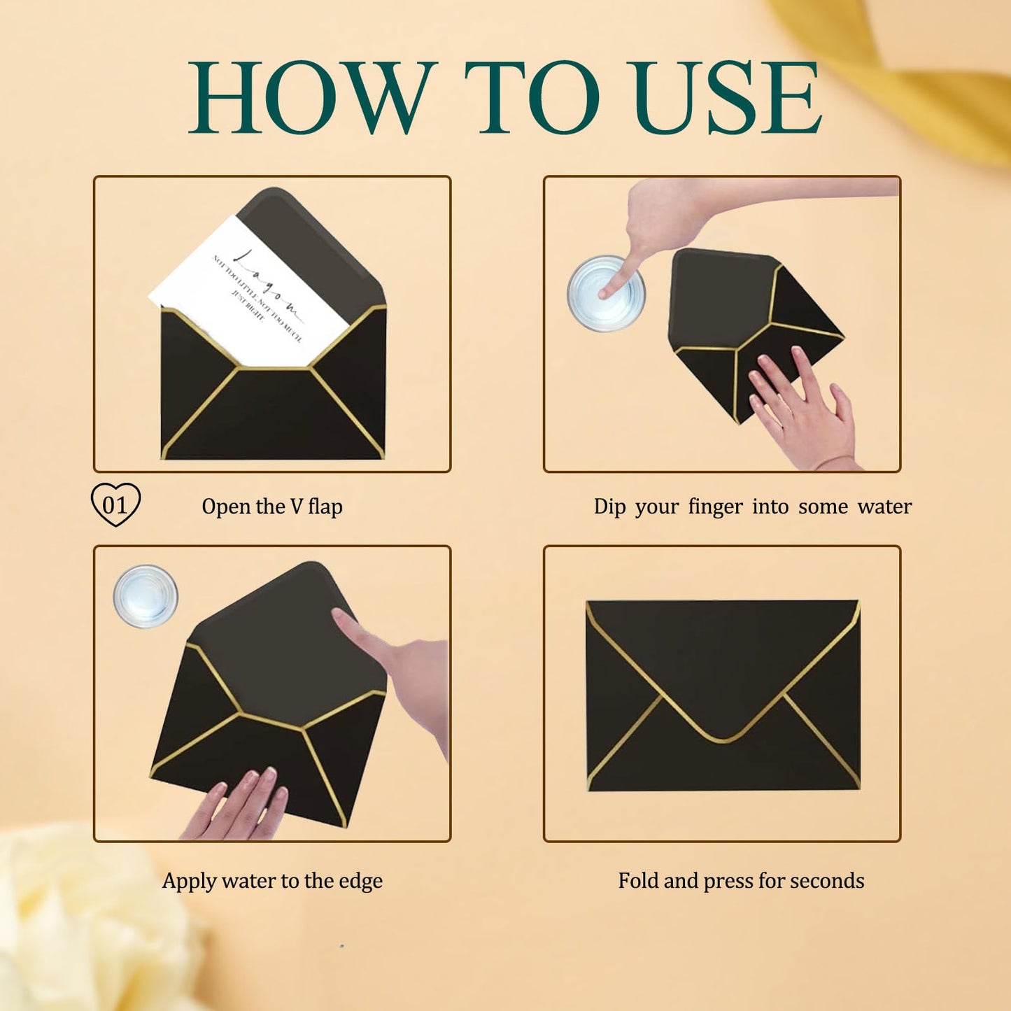 (50 Pack 5x7 Inch) Black Envelopes for Invitations with Gold Border, Self Adhesive A7 Envelopes with V-Flap, Great for Graduation, Invitation, Baby Shower, Wedding and RSVP Cards