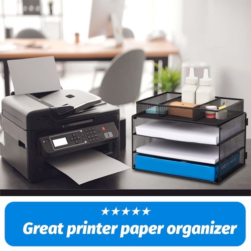EASEPRES Paper Organizer Tray, 3 Tier Mesh Desk File Organizer Letter Sorter Holder with Drawer for Home Office, Black