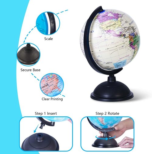 KISEER 8-Inch Rotating World Globe - Educational Spinning Earth for Kids | White Stand