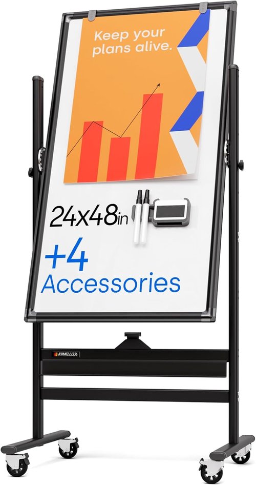 Rolling Dry Erase Board - Large 24 x 48 Portable Magnetic Whiteboard with Stand | Double-Sided Easel for Office, Classroom & Home