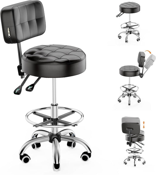 YJHome Rolling Stool - Adjustable Height Swivel Chair with Wheels | Heavy Duty 400lbs Capacity (Black)