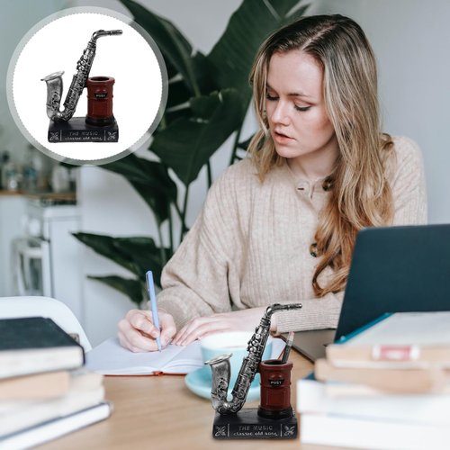 Makeup Decor Resin Pen Holder Saxophone Statue Pencil Cup Musical Pen Holder Makeup Holder Office Desktop Organizer Container Bookshelf Decoration Dresser Decor