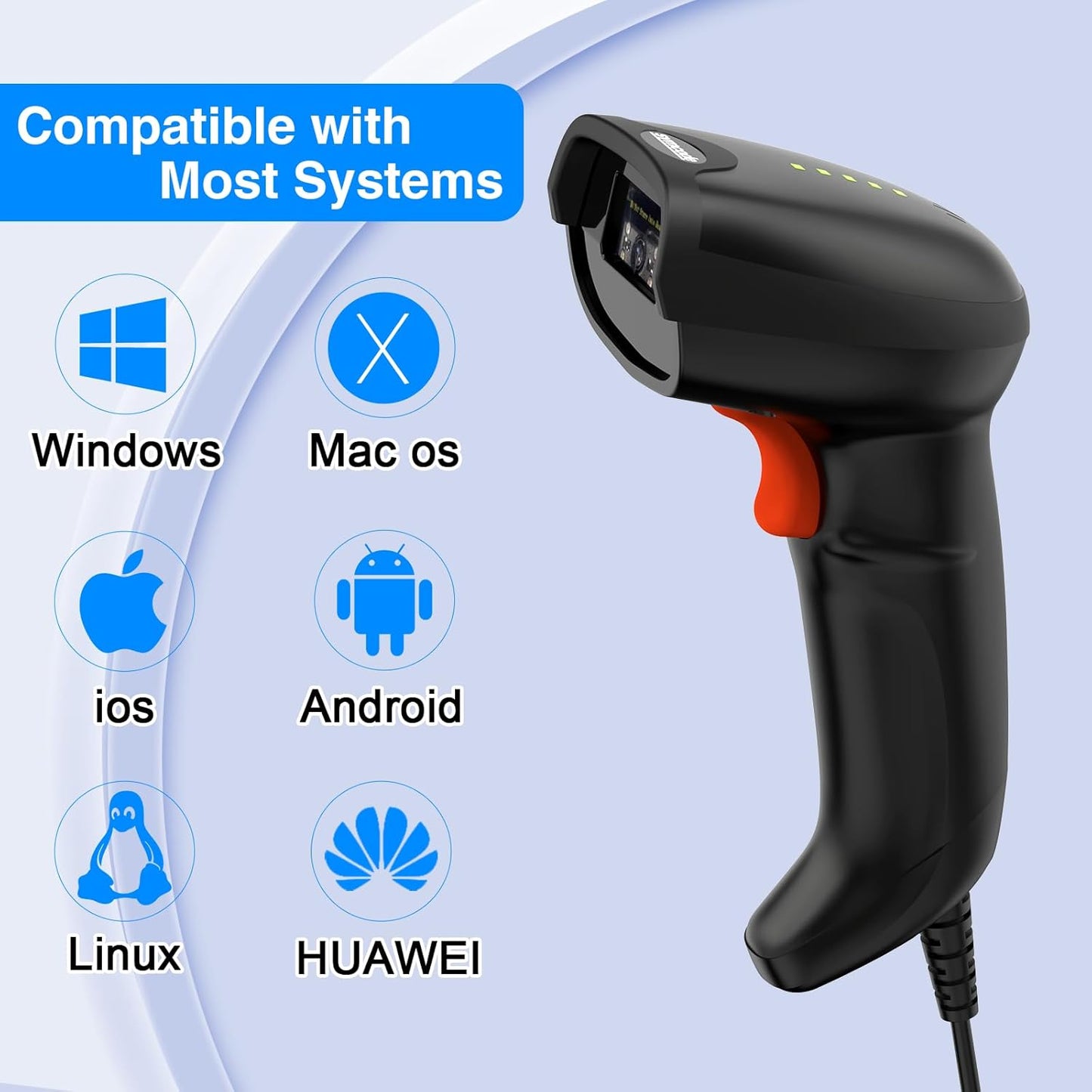 Symcode USB Barcode Scanner - Handheld Wired Scanner with Long USB Cable for Mobile Payments & Retail