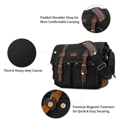 Kattee Military Messenger Bag Canvas Leather Shoulder Bag Fits 13.3 Inch Laptop Black