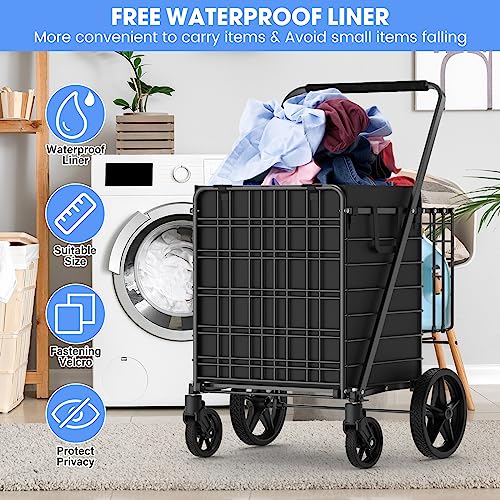 Super Jumbo 450lbs Capacity Folding Shopping Cart on Wheels - RXUJYC (Includes Large Front & Back Baskets) - Easy Assemble