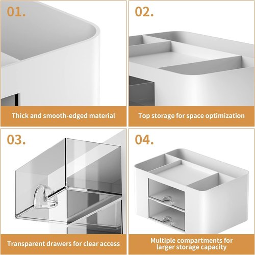 Catekro Desk Organizer with 2 Drawer, Multi-Functional Pencil Holder for Desk, Desk Organizers and Accessories with 5 Compartments + Drawer, Office Supplies, Vanity Table Office School Home(White)