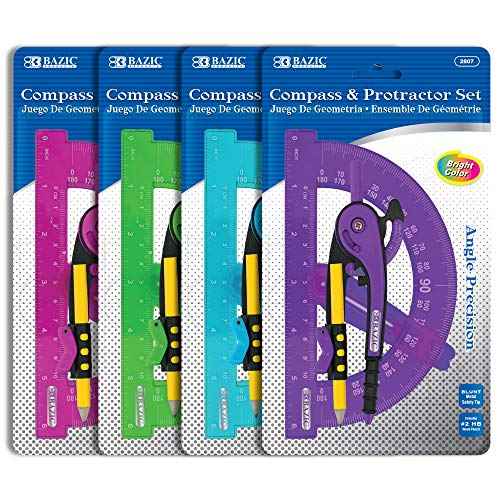BAZIC Products Geometry Math Compass Set w/Scale-Arm, 6" Swing Arm Protractor, & HB Wood Pencil, Inch Centimeter, Mathematical Drafting Drawing Tool, 24-Pack
