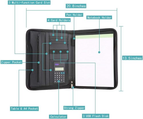 Regine Switzerland Zippered Padfolio - Black PU Leather Organizer with Calculator & 10.1 Inch Sleeve