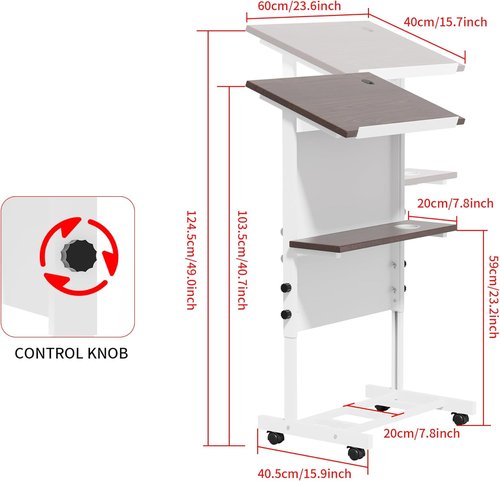 Podium Stand - Portable Lectern with 7 Adjustable Heights | Mobile Stand with Shelf & Cup Holder (White)