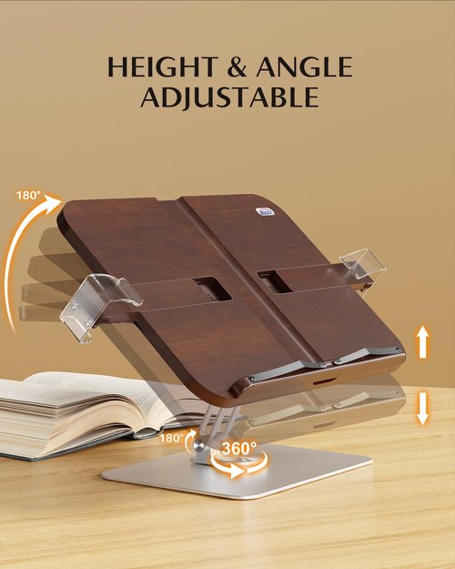 EWX Adjustable Book Stand with 360 Swivel Base, Foldable Cookbook Stand for Recipe Books, Laptops, Textbooks