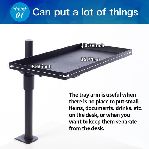 ROUNDS Tray Arm Stand - 15.7 x 8.6in Wide, 10kg Load Capacity, Small Item Storage, Desk Space Saver Tray Holder