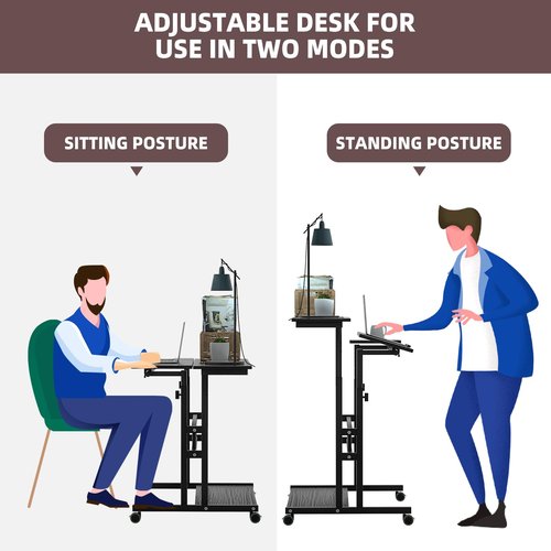 AIZ Adjustable Computer Rolling Desk Cart on Wheels Home Office Workstation, Portable Laptop Tall Table for Standing or Sitting, Black