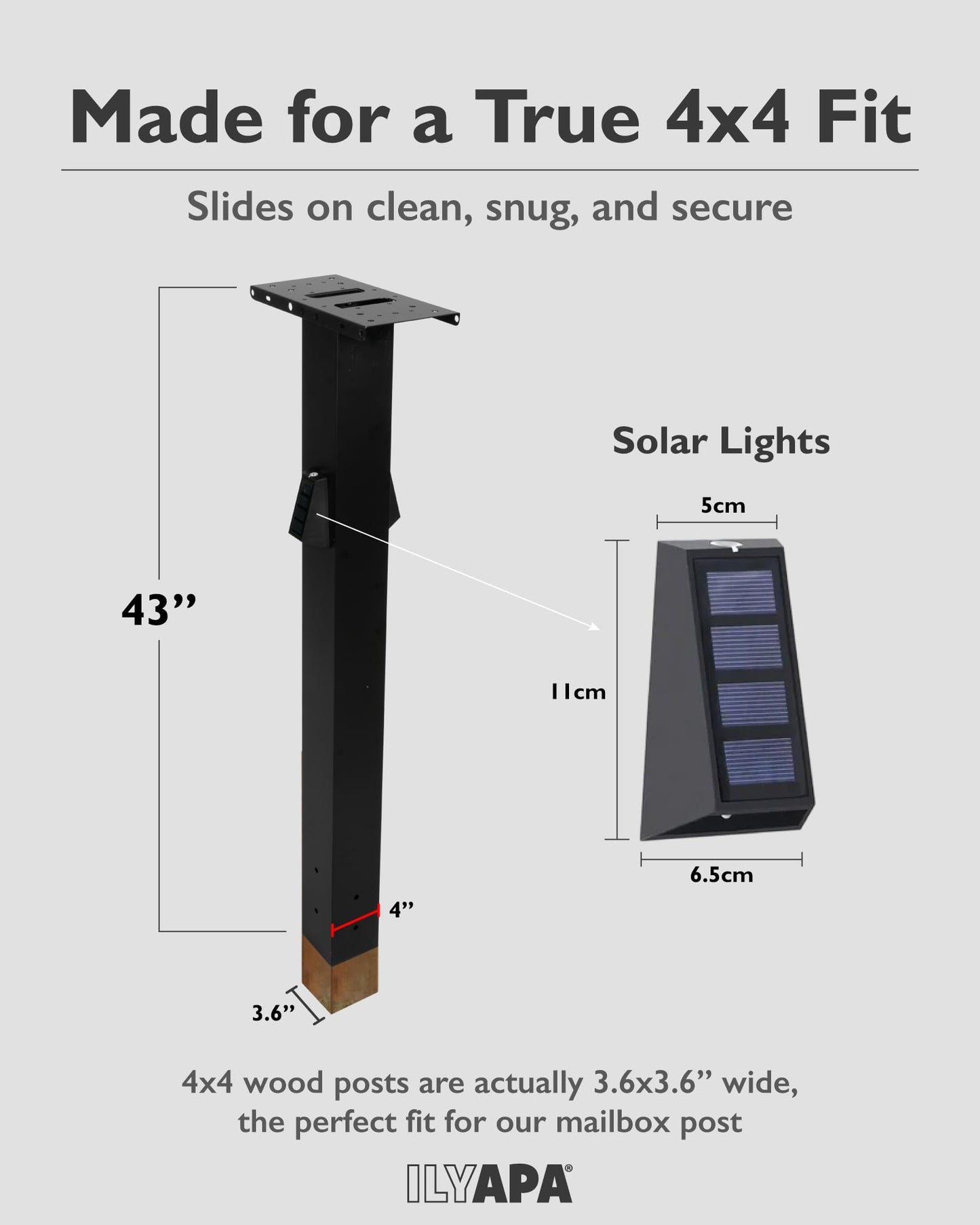 Ilyapa Black Metal Mailbox Post for Outside with Solar Address Sign for Houses, 43x4x4 Mail Box Post Sleeve with Solar Light for House Numbers with Two Universal Mounting Plate Brackets