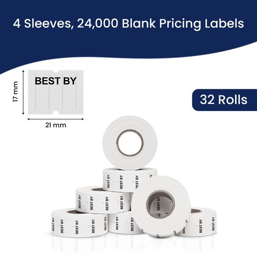 Perco 2 Line "BEST BY" Labels - 32 Rolls, 4 Sleeves, 24,000 Blank Date Gun Labels for Perco 2 Line Date Guns - Made in USA