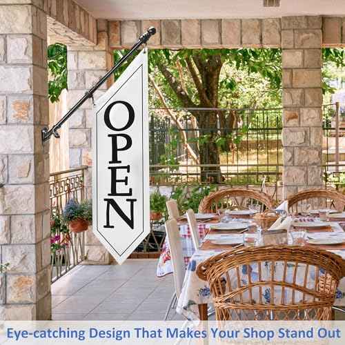 OPEN Flag with Pole Kit - Heavy Duty Canvas Open Banner for Business Storefront, 42x12 Inch Outdoor Double-Sided Sign with Bracket - Advertising Signage for Retail & Shops (White)