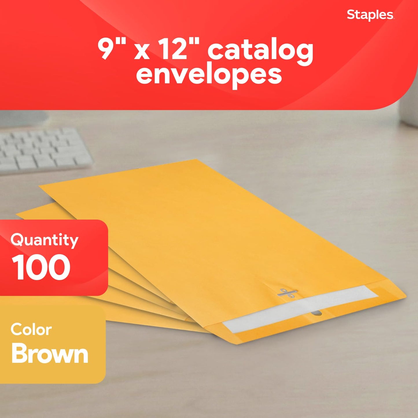 Staples 9 x 12 Kraft Clasp & Moistenable Envelopes, Brown Manila, Heavyweight Document Mailers with Metal Clasp, 100/Box