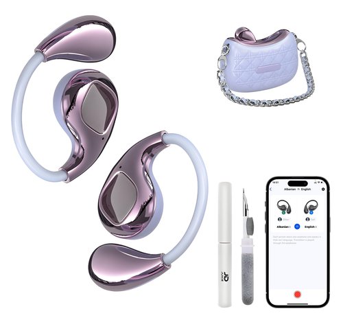 AI Language Translator Earbuds, 139 Languages Handbag Translation Earbuds Real Time for iOS & Android with Cleaning Pen, BT 5.4 Fashionable OWS Translation Headphones for Travel Business, Purple