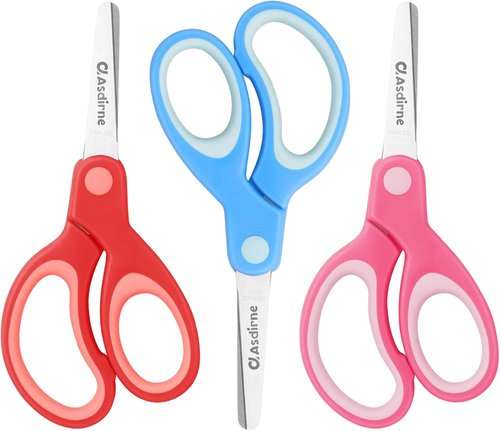Asdirne Kids Safety Scissors - Right-Handed Stainless Steel Blades | Soft Grip, 3 Pack, Assorted Colors, 13.5cm