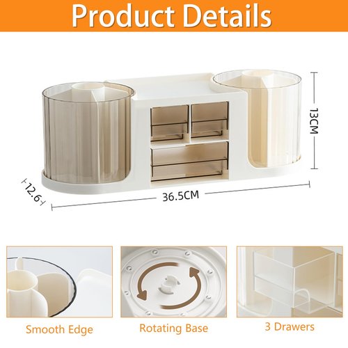 Flytreal Pencil Holder for Desk, Rotating Pen Desk Organizers and Accessories with 3 Small Drawers, Spinning Art Supplies Stationary Storage Caddy for Home Office Teacher School Kids(White)