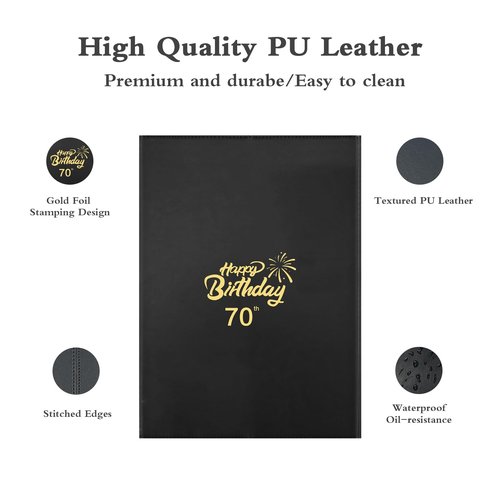 Kangmagitok Black Gold PU Leather Meaningful Happy 70th Birthday Party Decorations Card Guest Book Ideas Supplies for Women Men Dad to Sign Funny Cheers to 70 Years Old Table Decor Favors