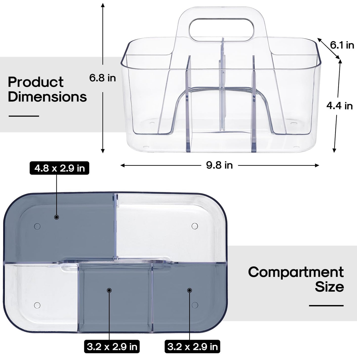 Multiuse Caddy Organizer with Handle, Portable Divided Plastic Tote Bin - Art Craft, Stationary Pen Marker Crayons, Makeup Hair Supplies Storage - Bathroom, Classroom, Dorm, Office, Desk Holder -Clear
