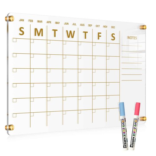 QUEENLINK Acrylic Calendar for Wall, 24"x16" Gold Dry Erase Board Weekly Planner Wall Mounted Board, Frameless White Board for Home, Office, School