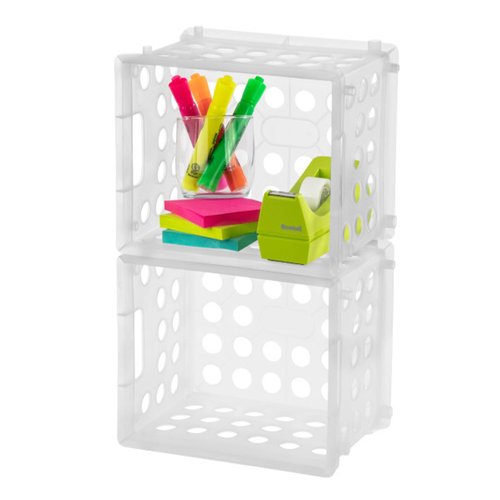 Sterilite Mini Crate, Stackable Plastic Storage Bin with Handles, Organize Home, Garage, Office, School, Dorm Room, Clear, 12-Pack