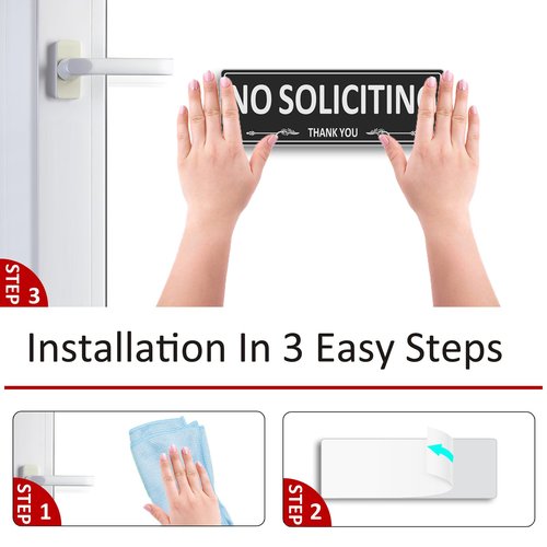 i-CowFun (2 Pack) Premium Metal Self-Adhesive No Soliciting Sign for Front Door, 7.5 x 2.5 Inches Aluminum No Solicitation Signs for House, Business, Home, Office, Window, No Fade, Rust Free