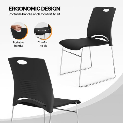 VINGLI Stacking Chairs Set of 4 Stackable Office Chairs with Metal Sled Base, Ergonomic Plastic Seat, Stacking Chairs for Waiting Room Break Room Banquet Guest, Black