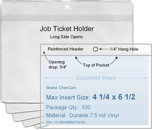 4 1/4 x 6 1/2 Job/Shop Ticket Holder Vinyl Plastic Sleeve, Set of 100, Long Side Opening, Durable 7.5 mil Crystal Clear Vinyl