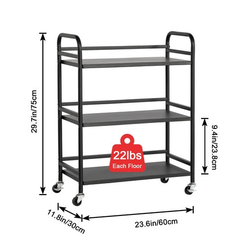 HDANI 3 Tier Metal Utility Multipurpose Rolling Cart,Large Capacity Heavy Duty Cart with Lockable Wheels Rolling Cart with 2 Lockable Wheels for Home,Office,Kitchen,Bathroom,Bedroom(Black)