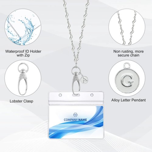 A-Z Letter Corrugate Stainless Steel Chain Lanyards for ID Badges Holder Keys Teacher Nurse Cruise Women Gifts with 2 Pieces ID Card Badge Holder