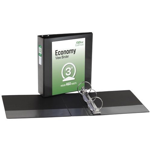Office Essentials Economy View 3 Ring Binders, 3" Round Rings, 3.5" Spine, 460-Sheet Capacity, Black Binders (12-Pack of 03431)